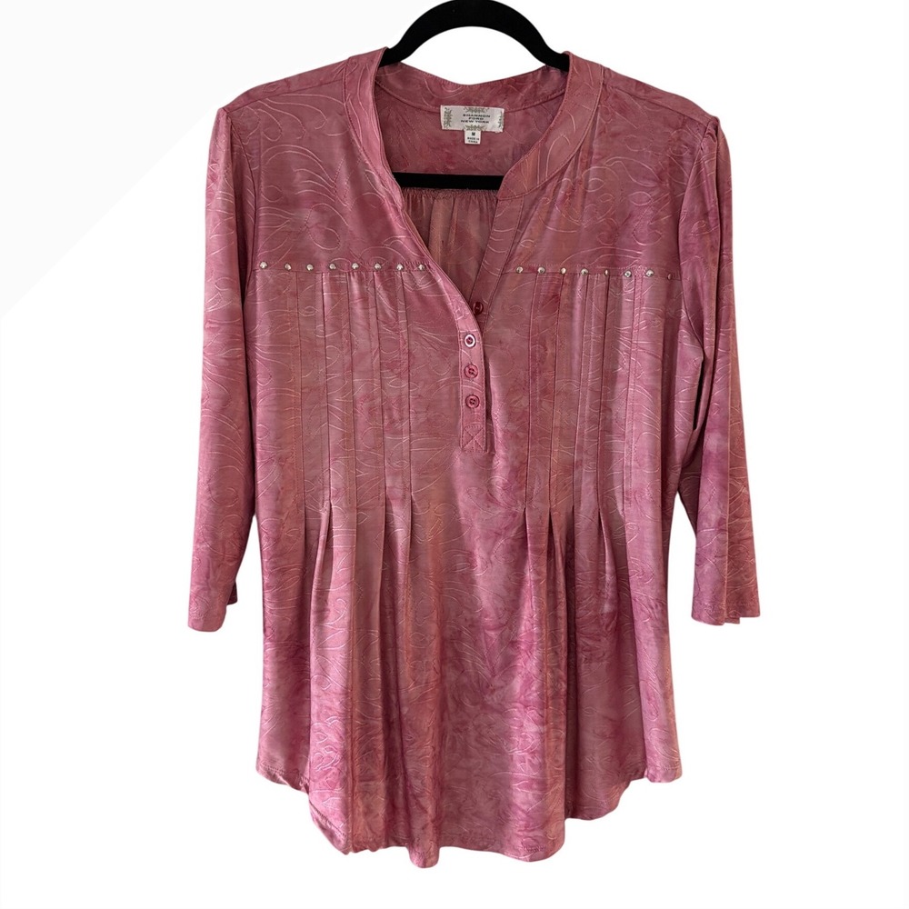 Shannon Ford New York Pink Burnout Scroll Studded Pintuck Henley Blouse Medium